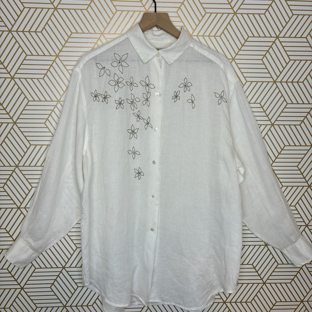 Vintage Banana Republic Travel Linen Shirt White Button Down Embroidered Large